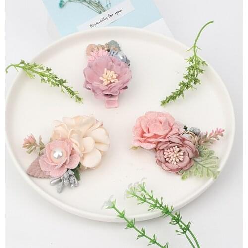 3" Baby Artificial Flowers Hair Clips Girls Sweet Pearl Mesh Floral Hairpins Barrettes Headwear Fashion Hair Accessories Pins