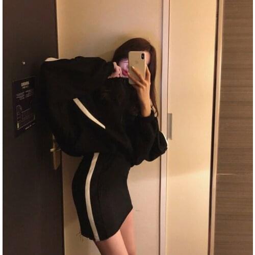 2018 Hot Sale Real Cotton Full Casual Skirt Suit Color Fight Striped Collar Sweater Jacket + Package Hip Two-piece Female