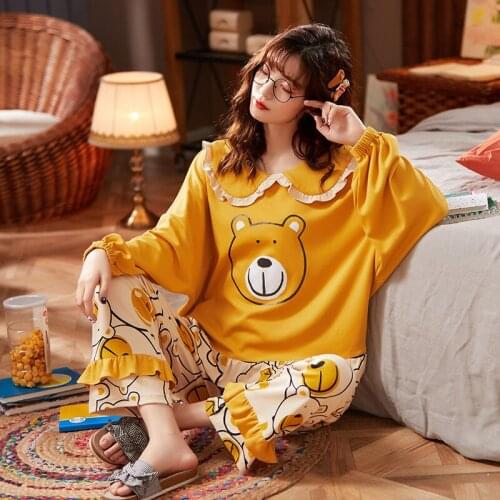 Womens pure cotton spring and autumn long sleeve two piece suit Lovely Japanese large loose cotton home wear summer