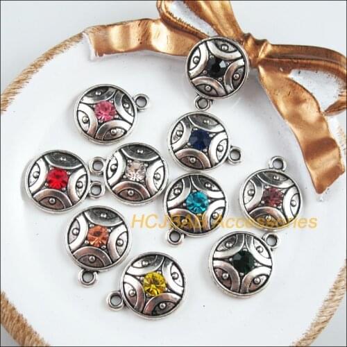 10Pcs Tibetan Silver Tone Retro Round Mixed Crystal Charms Pendants 16x20mm