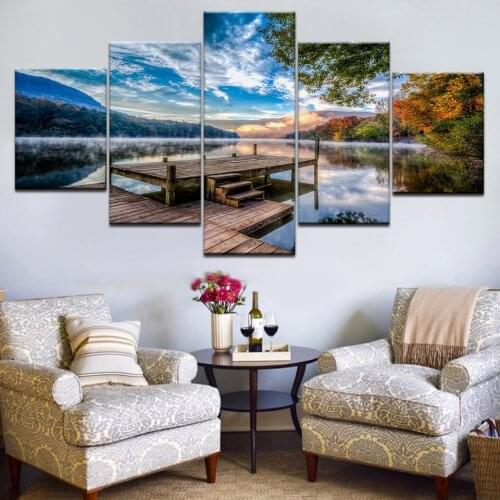 5pcs HD inkjet canvas painting wooden bridge sunset lake water sky art group home decoration wall poster modular picture
