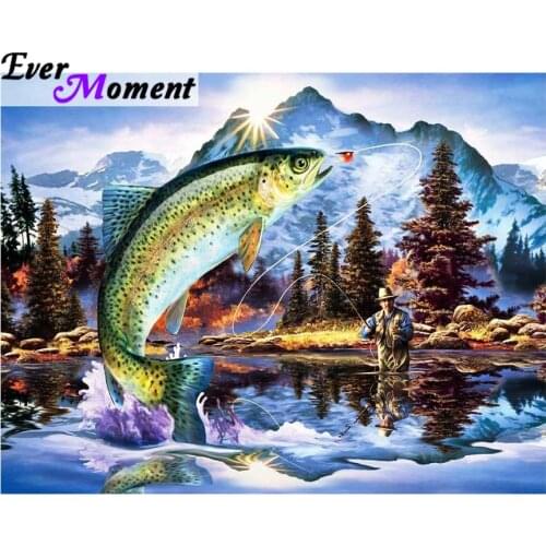 Ever Moment Diamond Painting Fishing Man Beautiful Landscape Big Fish DIY Full Square Drills Wall Painting Home Decor ASF986