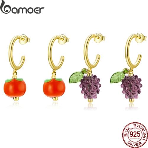 BAMOER 925 Sterling Silver Earrings Glazed Persimmon Grape Charm Fruit Gold Stud Earrings for Women Fashion Jewelry SCE1212