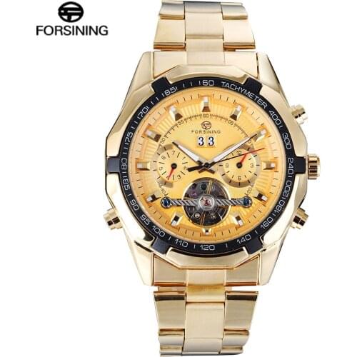 FORSINING Top Brand Luxury Automatic Mechanical Men Watch Tourbillon Skeleton Stainless Steel Bracelet Self-wind Wrist Watch