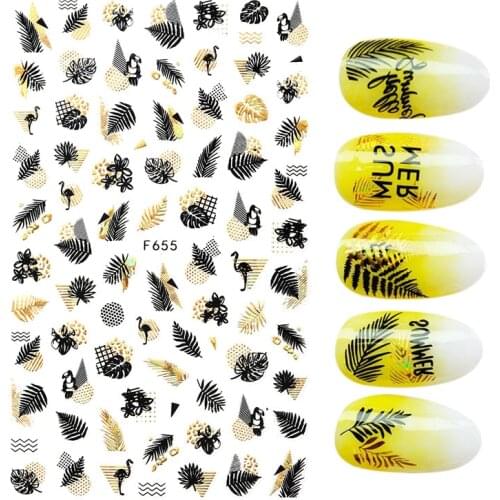 1pcs Black Laser Gold Autumn Leaf 3D Nail Sticker Coconut Tree Leaf Pattern Adhesive Transfer Sticker Shiny DIY Nail Decoration