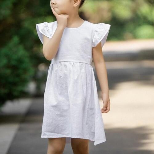 Children Dress Small Flying Sleeve Lace Up Backless Cool Casual Dresses Daily Wear Round Neck Back Elastic Waist Beautiful Cloth
