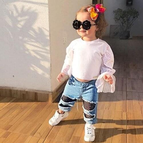 FOCUSNORM 1-6Y Fashion Kids Girls Clothes Sets Polka Dot Ruffles Lace Puff Sleeve T Shirts Tops Denim Hole Pants 2pcs
