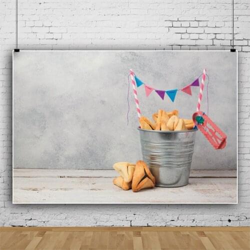 Laeacco Cement Wall Happy Purim Hamans Ears Bucket Dessert Flags Party Child Photozone Photo Background Photography Backdrops