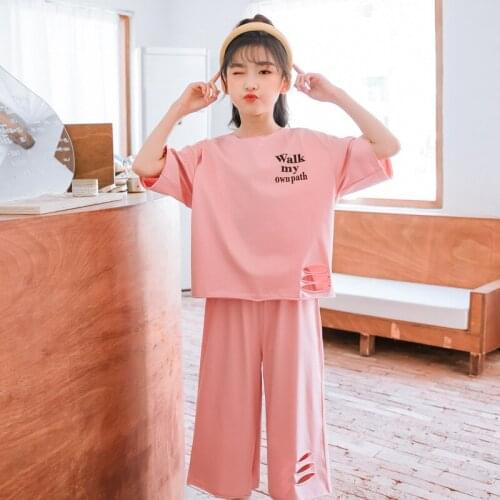 3-16Yrs New Summer Kids Teens Girls Clothing Set 2pcs Sports Track Suits Cotton T Shirts Tees+Kids Wide leg Pants Shorts CL581