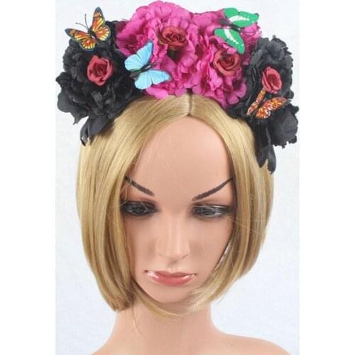 Halloween Simulation Colorful Peony Flower Headband Fairy Butterfly Mexican Crown Cosplay Day of The Dead Headpiece