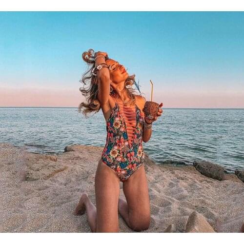 Backless Floral Monokini Boho Summer Women Swimwear Cut Out Deep V Neck One Piece Swimsuit Female Strappy Bathing Suit Bikini