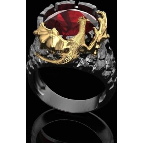 Punk Gothic Rock Personalized Gold Two Color Inlaid Big Ruby Dragon Ring Mens Black Ring Noble Wedding Party Finger Jewelry
