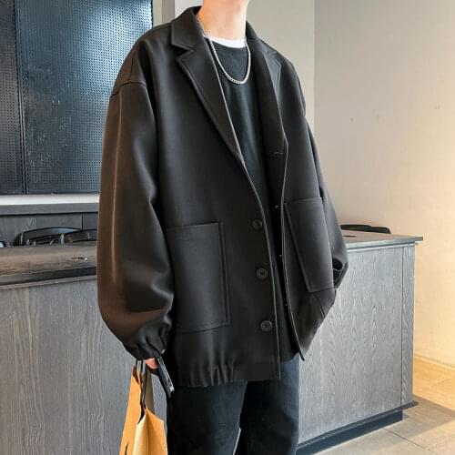 Pure Color Formal Suit Men Korean Fashion Loose Single-breasted Casual Jacket Men Harajuku Streetwear Pocket Jacket Coat Men