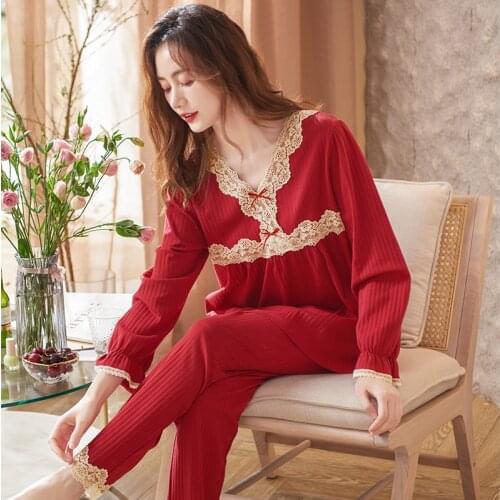 Womens Pajamas Set V-Neck Lace Cotton Pijamas Mujer 2pieces/set For Home Sleepwear Festive Red Big Yards M-XXXL Female Pyjamas