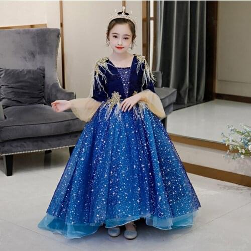 Flower Girl Dresses Princess Luxury Sequined Floor-Length Embroidery Square Collar Lace Tulle Ball Gown Kids Party Skirt H043