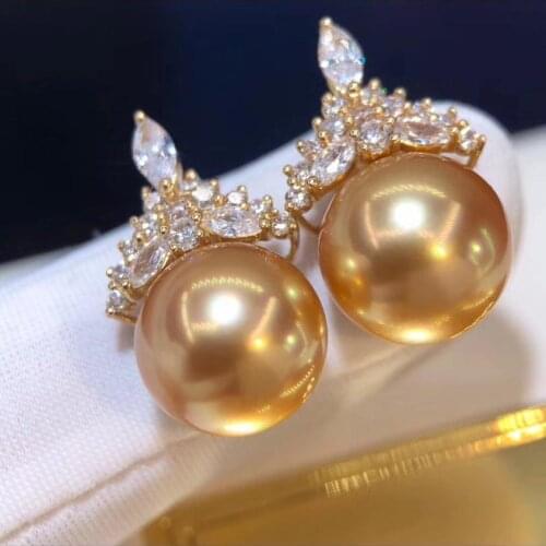 D908 Pearl Earrings Fine Jewelry Real 14K Gold Round 12-13mm Nature Sea Water Golden Pearls Stud Earrings for Women Presents