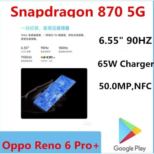 Original Oppo Reno 6 Pro+ Plus 5G Smart Phone NFC 50.0MP Snapdragon 870 65W Charger 6.55" 90HZ Android 11.0 Screen Fingerprint