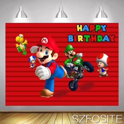 Cartoon Super Hat Brothers Mushroom Red Backdrop Boys Birthday Party Table Decorative Photograph Kids Custom Vinyl Background