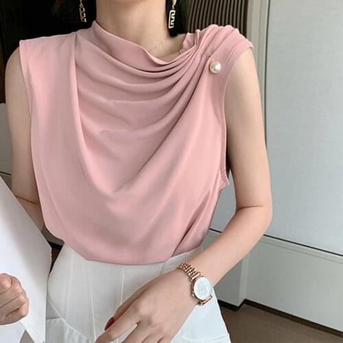 Sleeveless Summer Chiffon Blouse Women 2021 Pleated Solid Loose Women Shirts Blouses Casual O Neck Office Lady Tops Blusas 13036