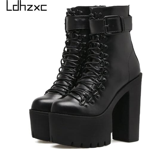 LDHZXC 2020 fashion Ankle Boots Woman Lacing Fashion Motorcycle Boots Women Leather Spring Autumn Metal Buckle High Heels Shoes