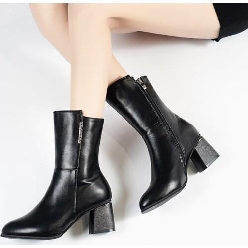 Womens Mid-calf Boots, British Style Black Fashion Boots, High-heeled Middle Boots with Zippers (Soft Leather)