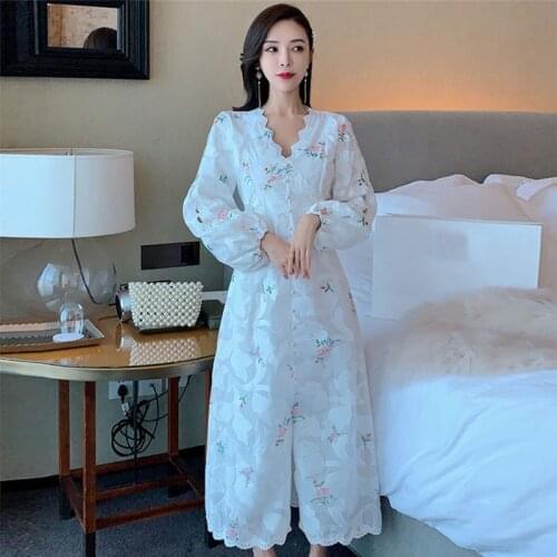 New Fashion 2021 Women Voile Summer Dress V-neck Lantern Sleeve Floral Embroidery Lace Hollow Out White Elegant Long Dress
