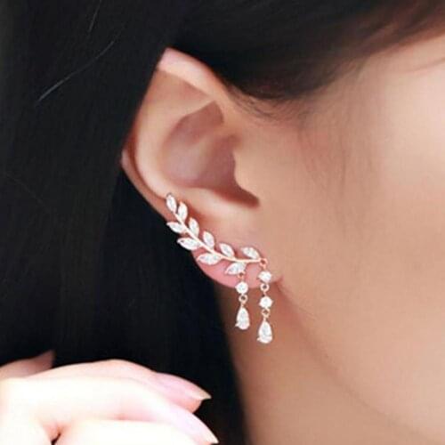 1 Pair Fashion Korean style Ear Studs Leaf Elegant Women Rhinestone Drop Ear Cuffs Earrings for Dating