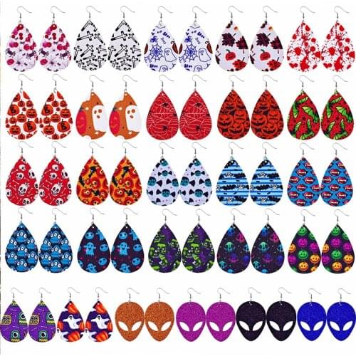 1Pair Halloween Faux Leather Earrings Pumpkin Skull Print Teardrop Drop Dangle Earrings For Women Jewelry Gift