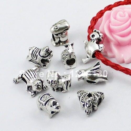 100pcs/lot Mixed Pattern Mixed Size Tibetan Silver Big hole Animal Bead Fit For European Bracelets Hole:4.5mm-5mm (K00261)