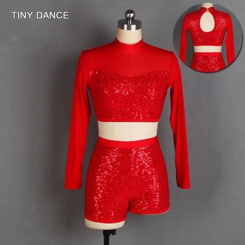 2 in 1 Lyrical & Contemporary Dance Costume Set Long Sleeve Haler Neck Dance Top and Seperate Sequin Shorts for Adult Girl 20508