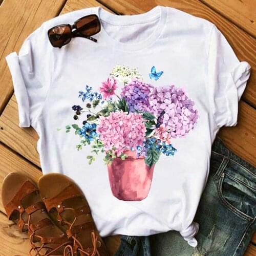 2021 Colorful Flower Print T Shirt Graphic O-neck Aesthetic Tshirts Street wear Casual Tee Shirt Female