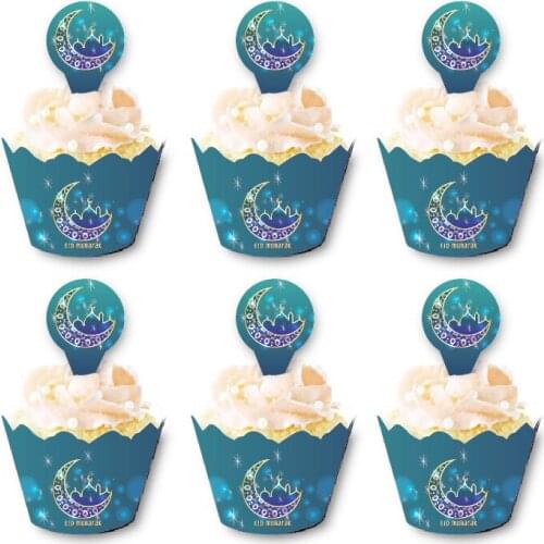 6/12pcs/set Eid Mubarak Cupcake Toppers Cake Cups Wrappers Ramadan Festival Islamic Muslim Party Decoration