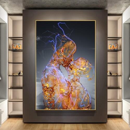 Abstract Golden Metal Portrait Picture Home Decor Kiss Lover Canvas Painting Wall Art Posters and Print for Living Room Cuadros