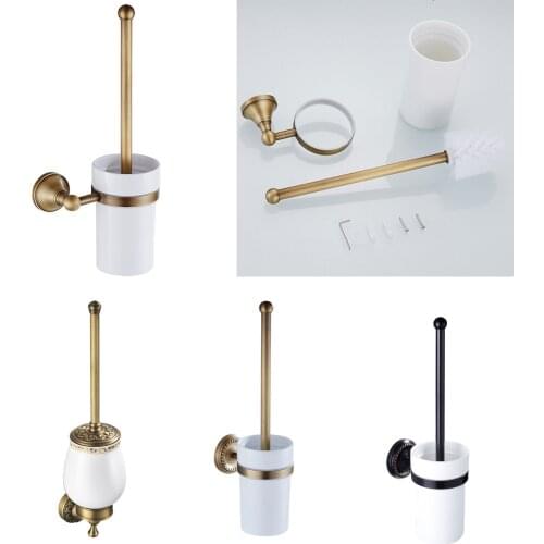 Antique Brass Color Toilet Brush Holder Set Wall Mounted WC Brush Holder with Ceramic Cup for WC Bathroom Hardware Accessories