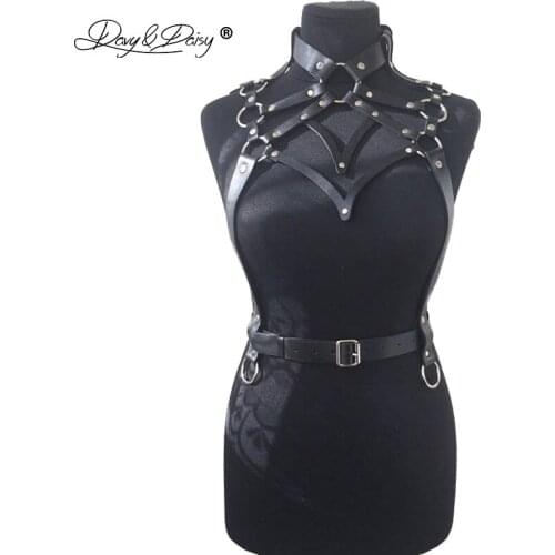 DAVYDAISY Punk Leather Tops With Choker Nightclub Belt Bondage Chest Harness Rave Cropped Top Sexy Lingerie Cage Straps TA522