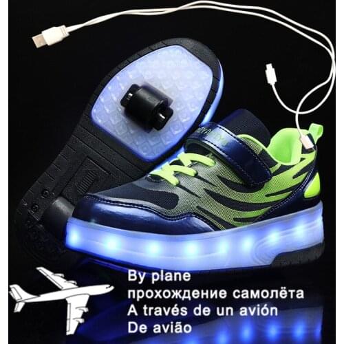 Blue 2021 New USB Charging Children Sneakers remote control Girls Boys Led Shoes Kids Sneakers With Wheels Roller Skate Shoes