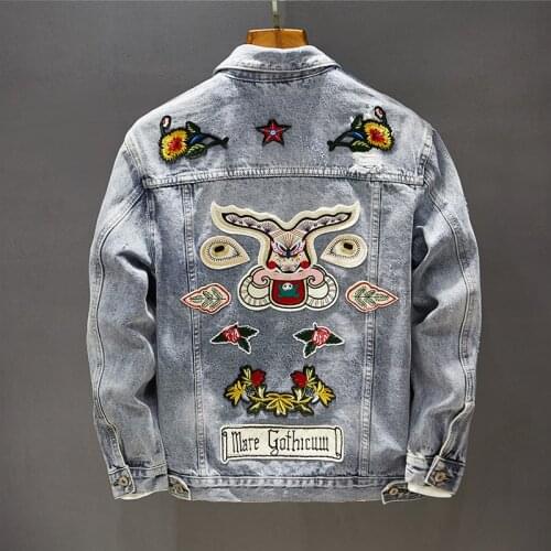 Brand Boutique Jean Jacket Mens Slim Ripped Hole Vintage Classic Denim Coat Embroidery Patch Trendy Streetwear Autumn Outerwear