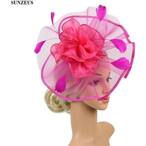 Fuchsia Wedding Hats Tulle Party Hat With Organza Flowers Elegant Feathers Bridal Hat 2019 SQN039