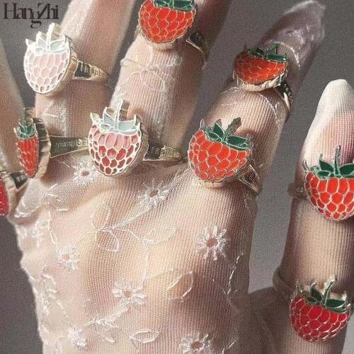 HangZhi 2021 New Sweet Lovely Red Strawberry Simple Silver Color Brass Rings for Women Girls Party Retro Jewelry Birthday Gifts