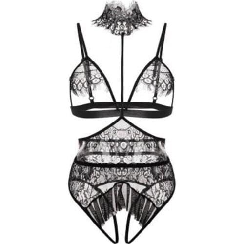 Sexy Halter Lace Bra Panty Set Push Up Seamless Black Bralette Lingerie Bandage Transparent Women Female Set Underwear Intimates