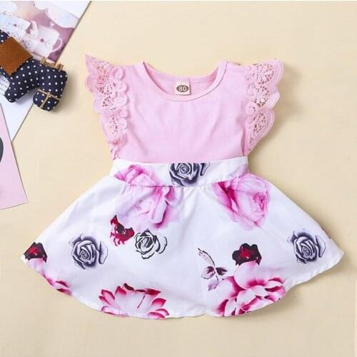 Baby Summer COTTON Clothing Infant Newborn Baby Girls Elastic Waist Slim Bodysuits Pink Flowers Dress Toddler Dresses