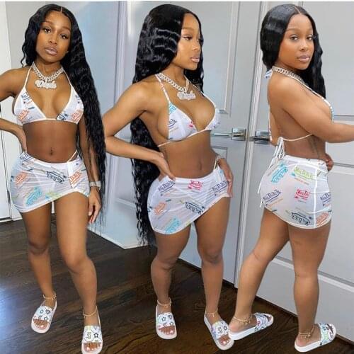 Summer Clothes Sexy Bikini Set Sleeveless Halterneck Swimwear Letter Printing Brazilian Beachwear Bathing Suit Swimsuit Women