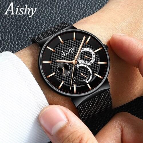 Fashion Aishy Brand Mens Watches Quartz Watch Casual Slim Mesh Steel Waterproof Sport Watch Casual WristWatch Relogio Masculino