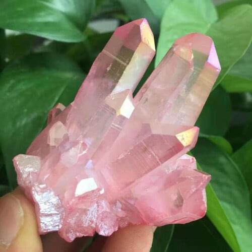 Natural crystal clusters with pink angel halo plated titanium coating heal 90-100g