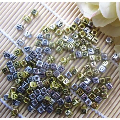 Wholesale Silver Gold Color Mixed Alphabet / Letter Acrylic Cube Loose Beads DIY Jewelry Accessories 6x6mm 100pcs ZM-11