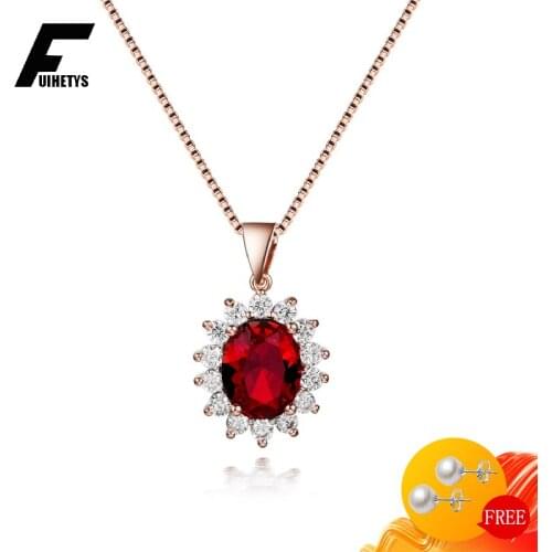 Fashion Women Necklace 925 Silver Jewelry Oval Shape Ruby Zircon Gemstones Pendant for Wedding Engagement Party Gift Accessories