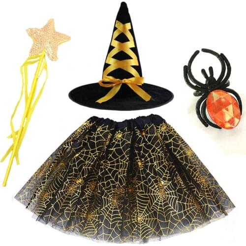 Spider Web Tutu Cobweb Skirt Witch Wizard Hat Rings Magic Wands Suit Party Outfits Carnival Halloween Costume for Kids Girls