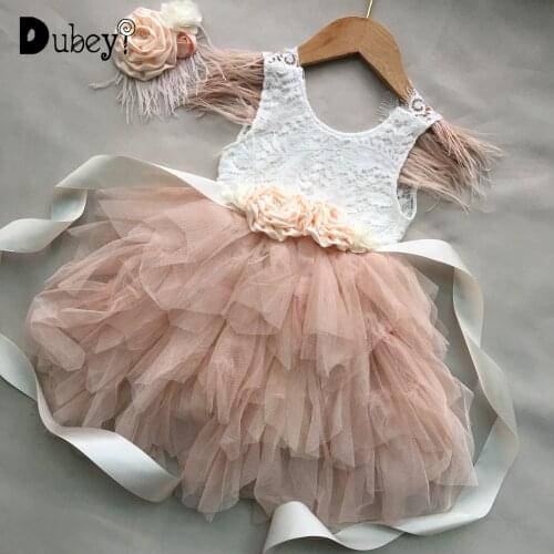 Little Girls Feather Dress Birthday Sash Girls Party Dresses with Belt and Headband 3pcs Baptism Clothes Birthday Outfit Girl