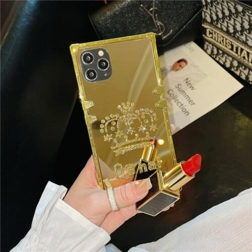 Luxury Golden Square Mirror Phone Case For iPhone 12 11 Pro XS Max XR X 10 7 8 Plus New hot Crown Fashion Cover Coque for Women