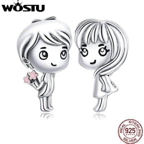 WOSTU 925 Sterling Silver Boy & Girl Beads Friendship Charms Fit Original Bracelet Pendant Lover Couple Jewelry CTC399